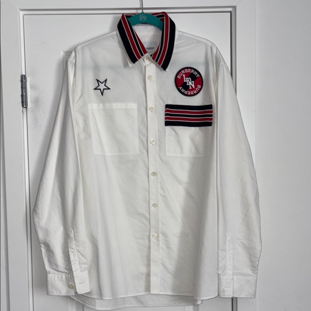 Burberry white button front SW1 red white blue trim sz XL New